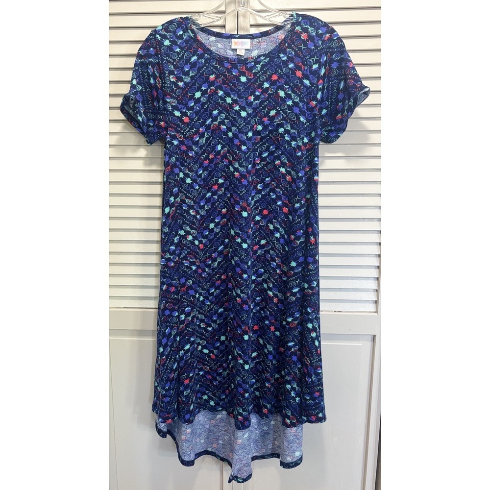 LulaRoe Aztec Blue/Pink Print Midi Dress Size‎ XS Short Sleeve Round Neck